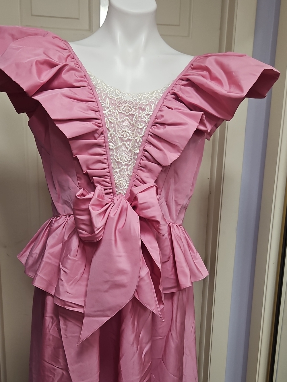 80s Party Candy Pink Ruffled V-Neck Dress Gown